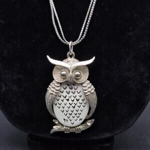 Vintage Owl Pendant Necklace Silver Tone Handpainted Ceramic Belly 1970s